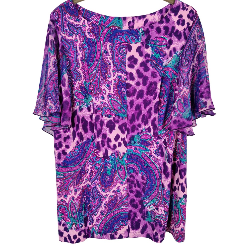 Womens 1X Simonton Says Paisley Leopard Print Flutter Sleeve Top Purple Eclectic